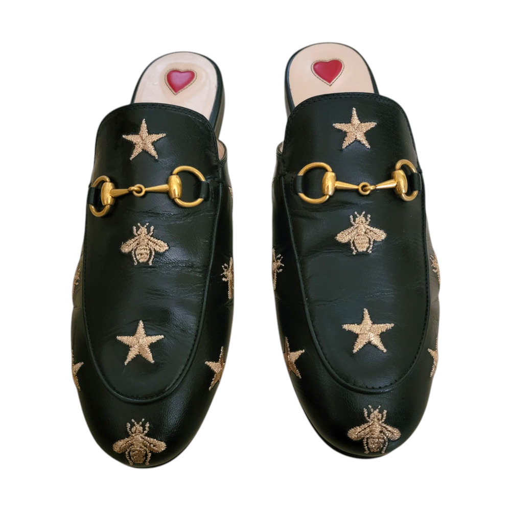 Gucci Bee Star Black Leather Horsebit Princetown Loafers Slides Flats Mules 7 37 - Picture 2 of 11